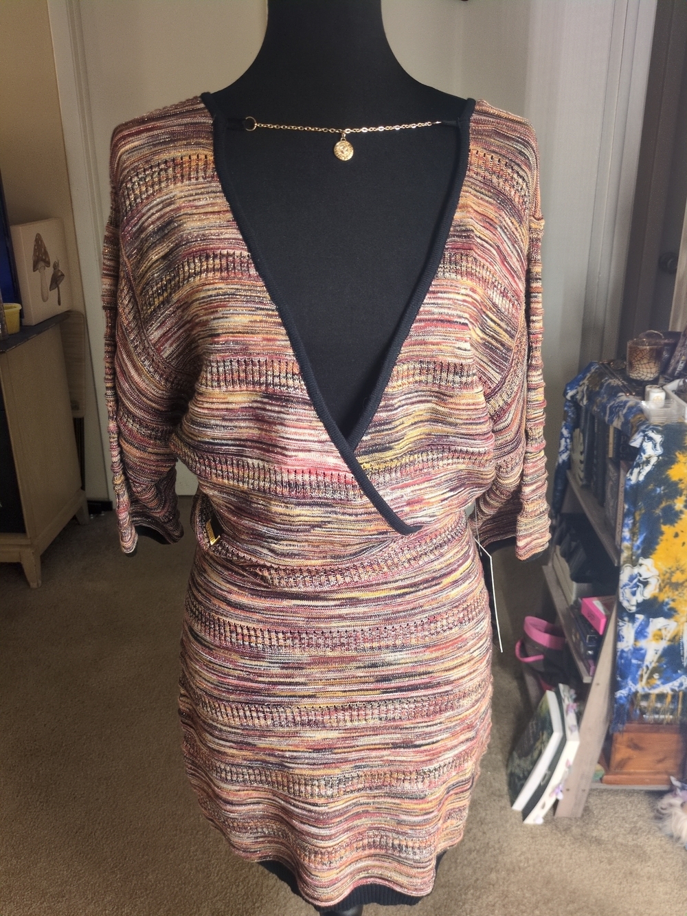 Rocawear Multicolor Striped V-Neck Knit Mini Dress - Black Trim